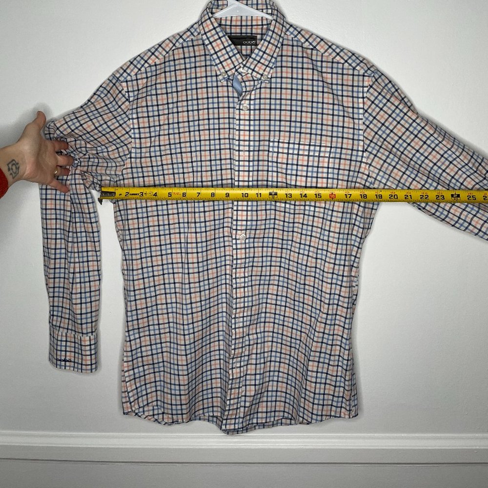 oobe brand button up blue, orange, navy, and white dress shirt